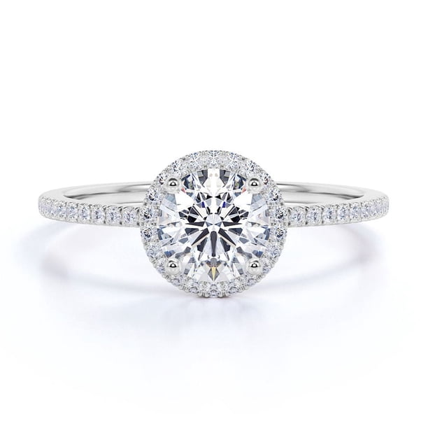 JeenMata Anillo de Compromiso de 1 Quilate con Corte Redondo y Halo Pavé en Baño de Oro Blanco de 18 K sobre Plata