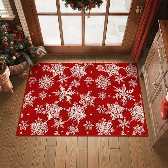 BERTHMEER 2'x3' Christmas Small Area Rugs Indoor Doormat Kitchen Bathroom Living Room Entryway Laundry Room Red White Snowflake Washable Rugs Non-slip Holiday Throw Rugs