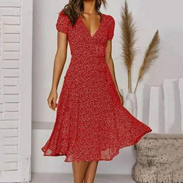 TIMIFIS Women's Summer Short Sleeve V-Neck Floral Short Party Dress - Summer