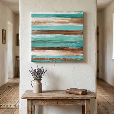 Ships Next Day Canvas Wall Art 8 x8 Turquoise Brown Wood Framed Canvas Print Painting Watercolor Modern Abstract Striped Ready to Hang Small Picture Wall Decor for Home Bathroom Nursery Kitchen