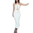 thumbnail image 1 of Faithtur Femmes Modifié Cheongsam Longue Robe Couleur Unie Floral Décoration Licou Cou Épaule Coupe Robe, 1 of 6