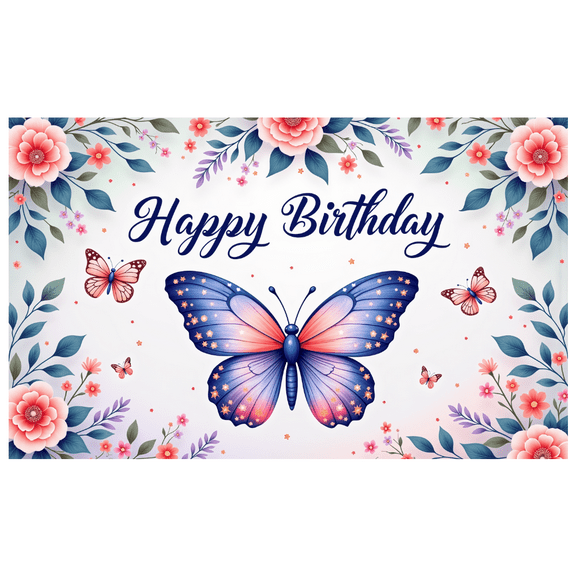 Decorative Design Happy Birthday Banner Butterfly Theme Floral Pattern for Garden Party Celebration