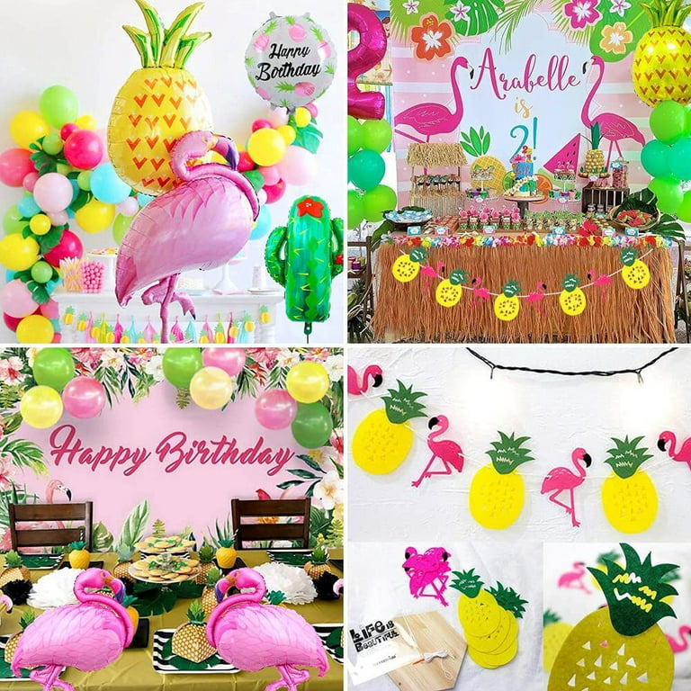 Hawaiian Tropical Party Decorations,Summer Beach Party Supplies with Flamingo Pineapple Helium Balloons Palm Leaves Decor Garland Bunting Banner for