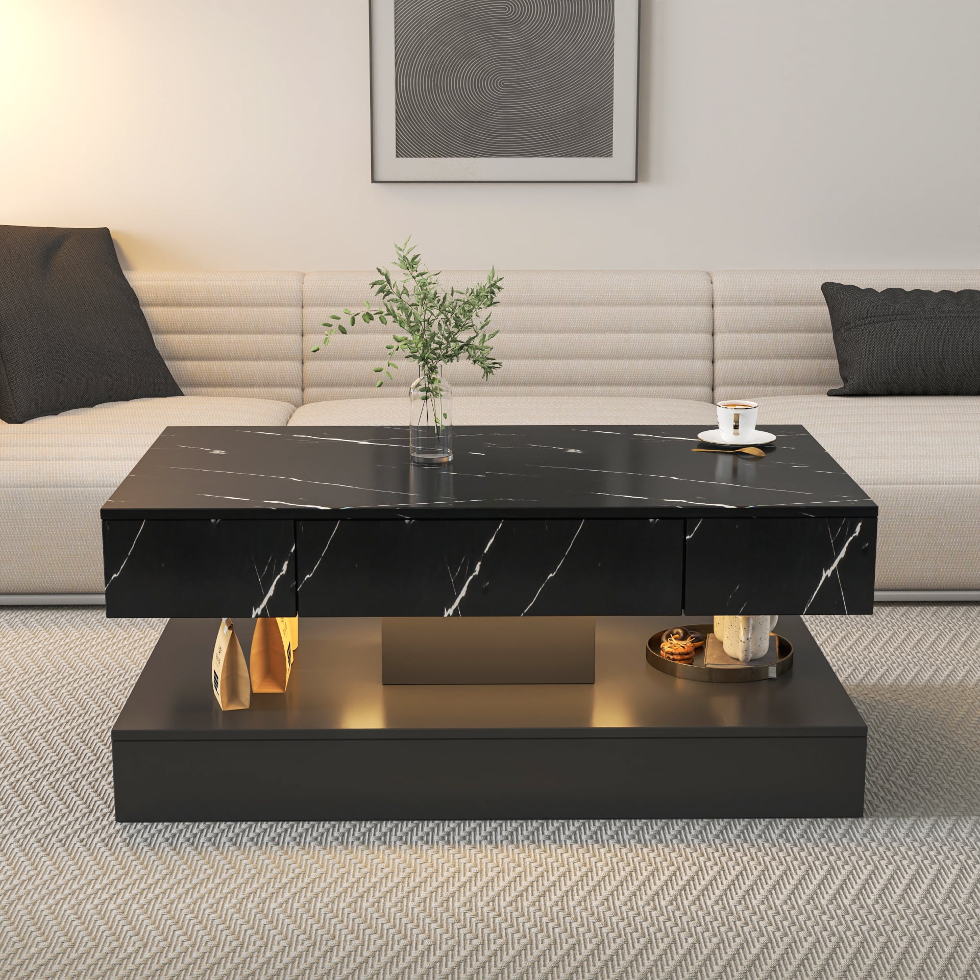 Modern LED Coffee Table with Storage Drawer for Living Room, White
