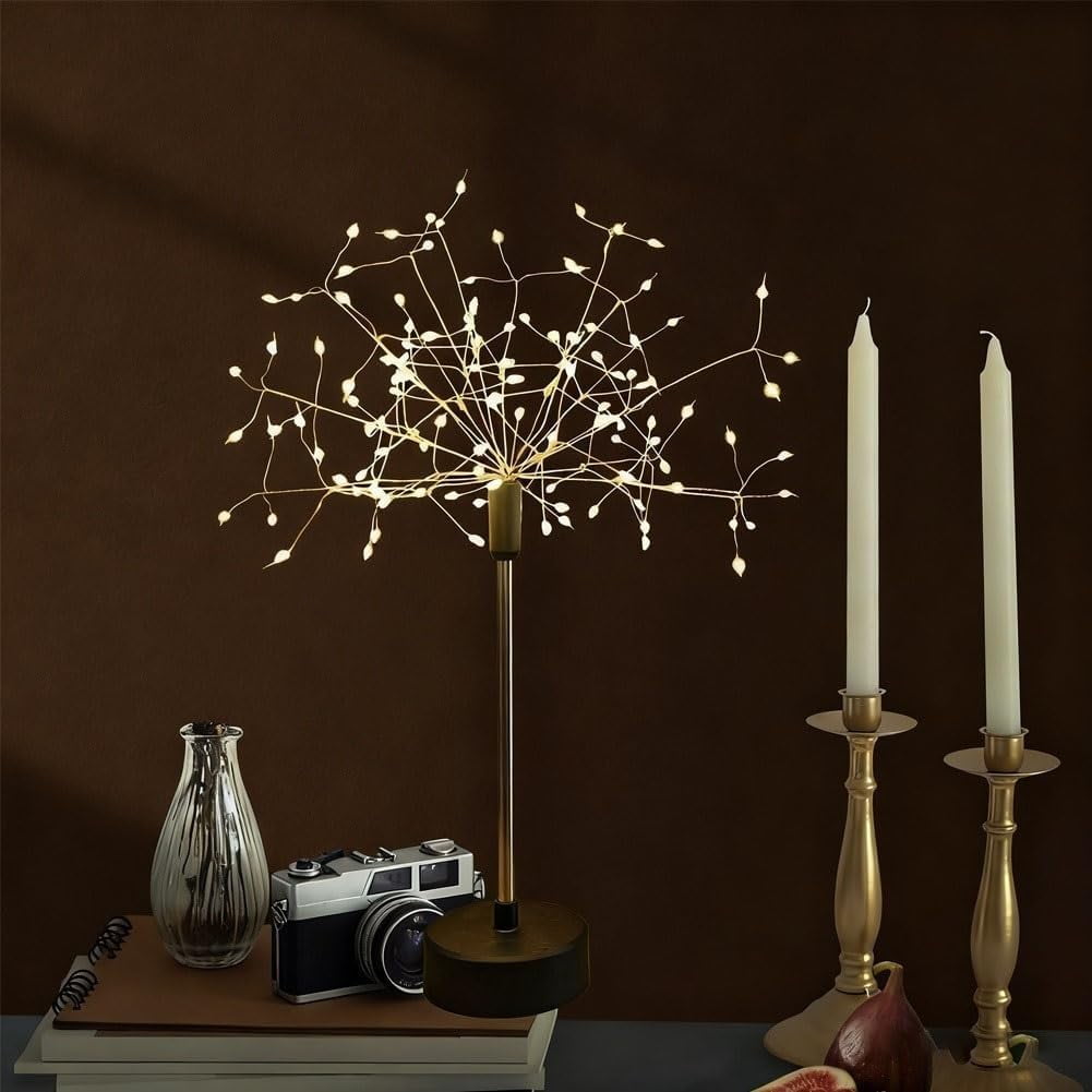 Mini Table Firework Lights, 100LED Dandelion Table Lamp with Warm Starburst Fairy Lights, Battery Operated Fireworks Table Light for Christmas Party, Bedroom, Home Décor, Holiday Table Centerpiece