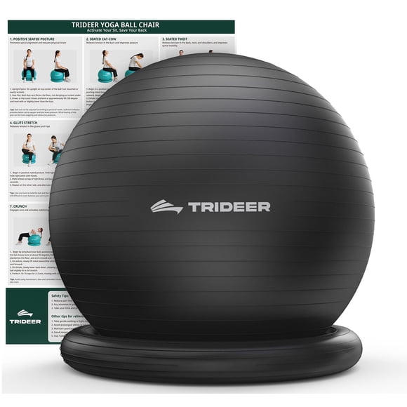 Trideer Balle d'Exercice pour Bureau, Chaise Balle de Yoga pour Soulager les Maux de Dos, Siège de Balle de Stabilité et de Mise en Forme avec Base, Entraînement du Tronc à la Maison, Abs, Str
