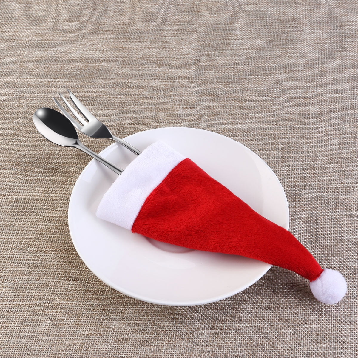10PCS Christmas Hat Silverware Holder Xmas Mini Red Santa Claus Cutlery Bag a