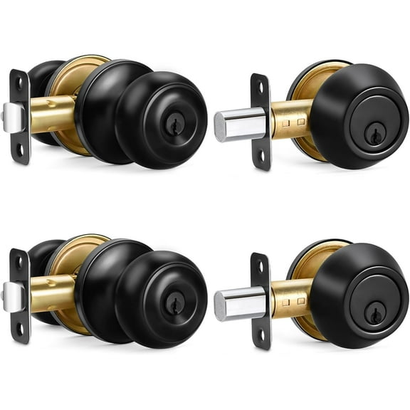 2 Sets Entry Door Knob and Single Cylinder Deadbolt Combo Set, Keyed Alike Round Ball Matte Black Exterior Door Knobs with Lock and Keys for Entrance and Front Door