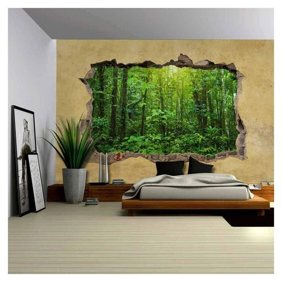 wall26 - Tropical Rain Forest Viewed Through a Broken Wall - Large Wall Mural, Removable Peel and Stick Wallpaper, Home Decor - 100x144 inches