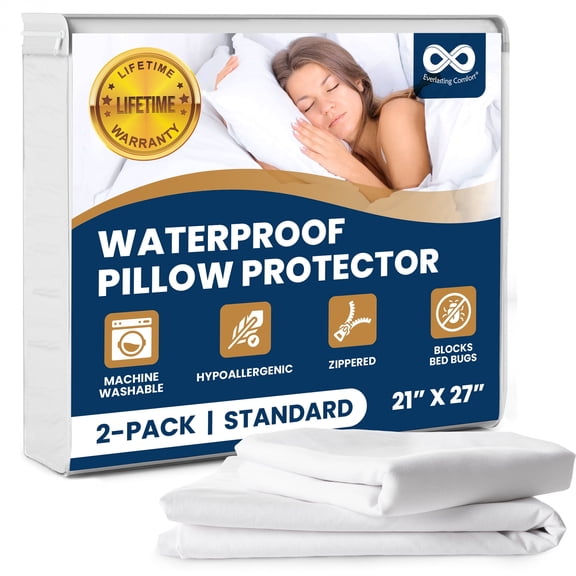 Everlasting Comfort Pillow Protectors, Standard - Waterproof, Zippered, Hypoallergenic (2 Count)