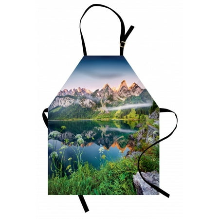 

Nature Apron Misty Summer Morning on Austrian Alps Mountain Range with Lake Wanderlust Landscape Unisex Kitchen Bib Apron with Adjustable Neck for Cooking Baking Gardening Green Blue by Ambesonne