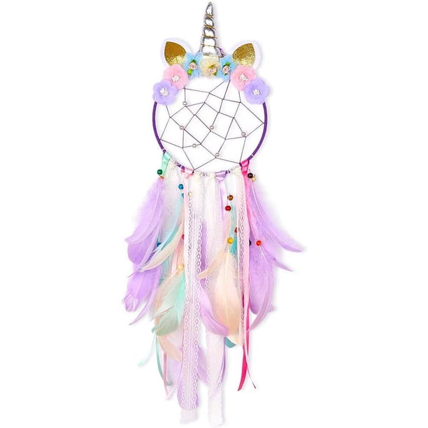 Atrapasueños de unicornio para niños, atrapasueños gigante hecho a mano, plumas, regalo para dormitorio de niñas, decoración del hogar para niños y niñas, colgante de guardería, morado