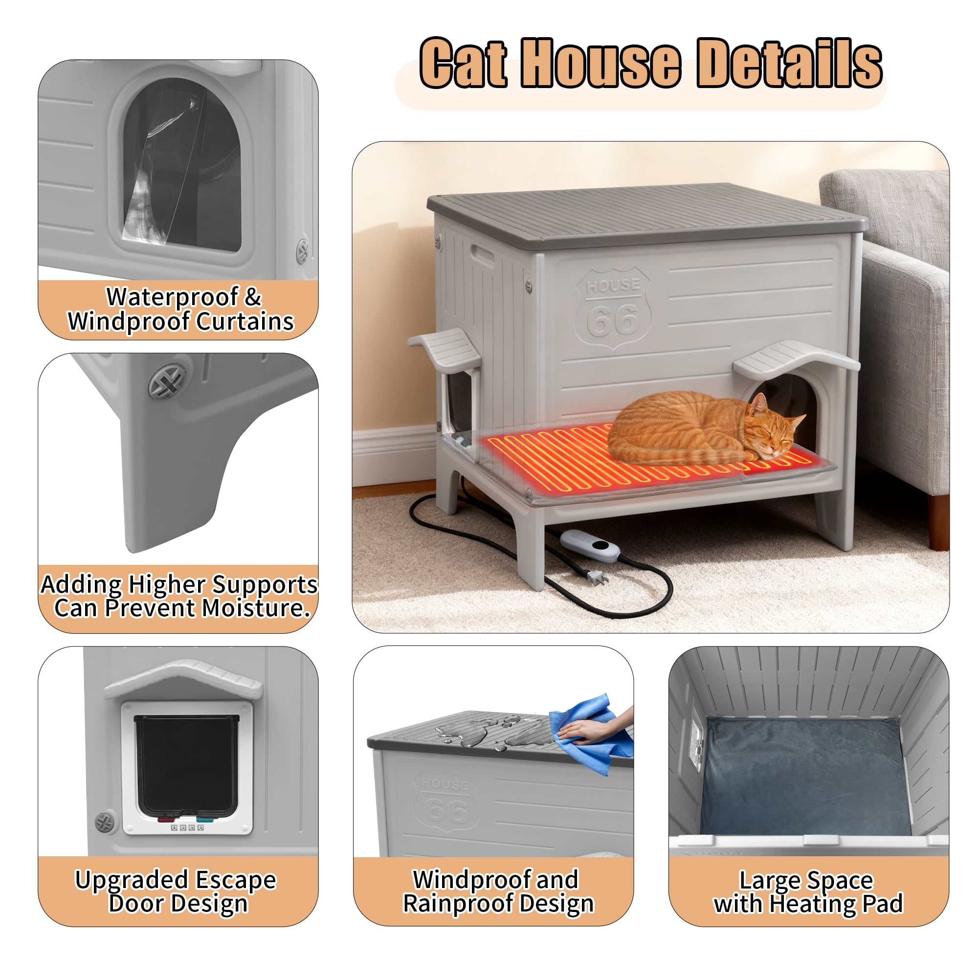 Heated Cat House for Outside in Winter, 100% Waterproof & Insulated Heated Cat House for Outdoor Cats with Heating Pad, Elevated Outdoor Cat House Safe Escape Door