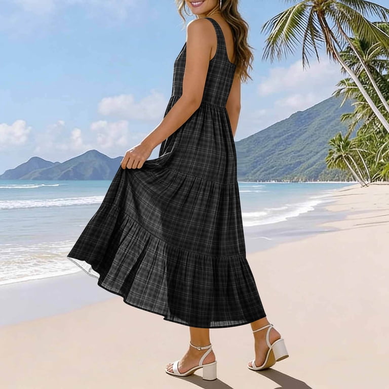 plaid empire waist dress Brown Plaid Empire Waist Sleeveless Dress Tassels Hem
