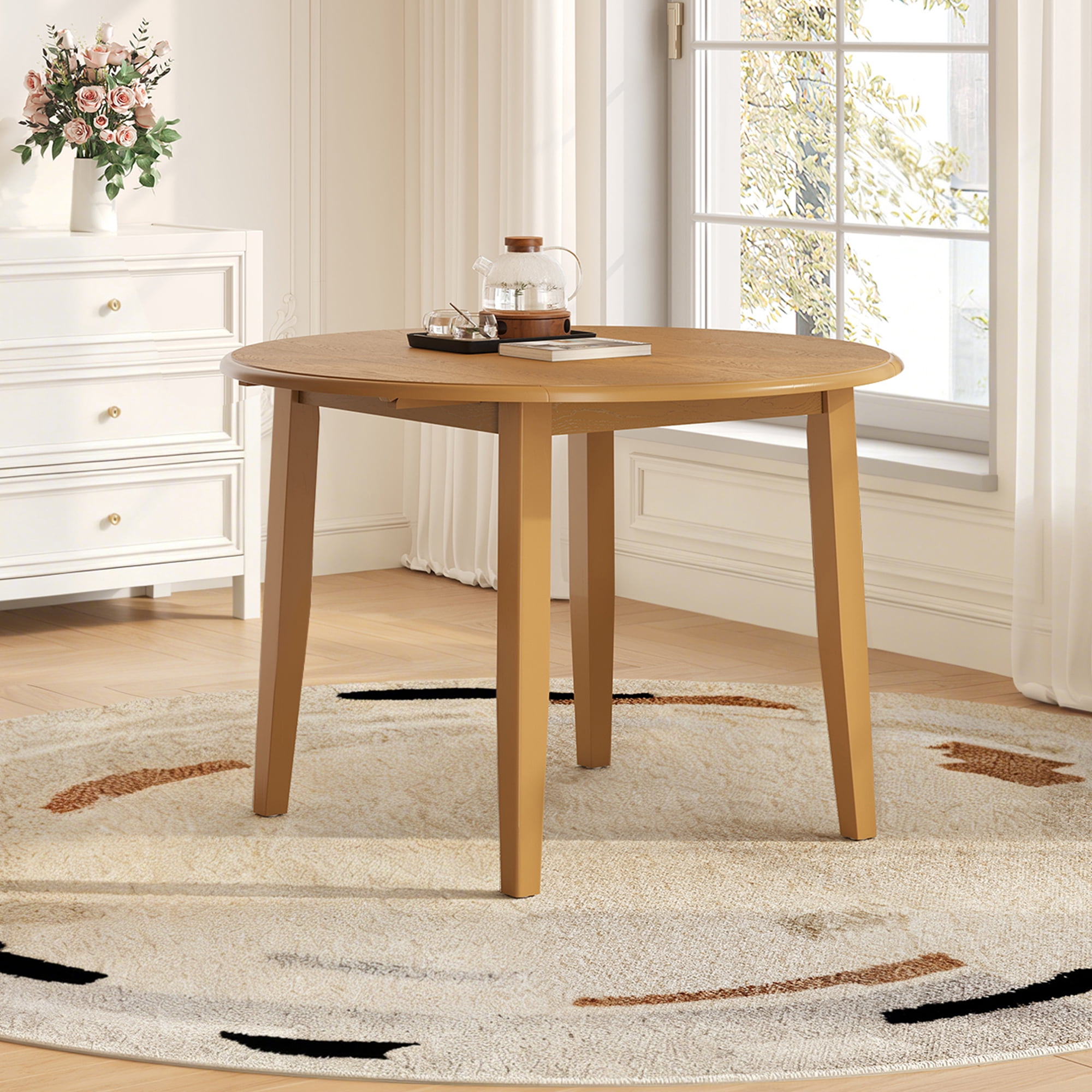 Euroco 42" Extendable Round Dining Table for 2–4, Farmhouse Folding Dining Table with Wood Frame for Small Apartments,Dining Areas,Space-Saving,Light Brown