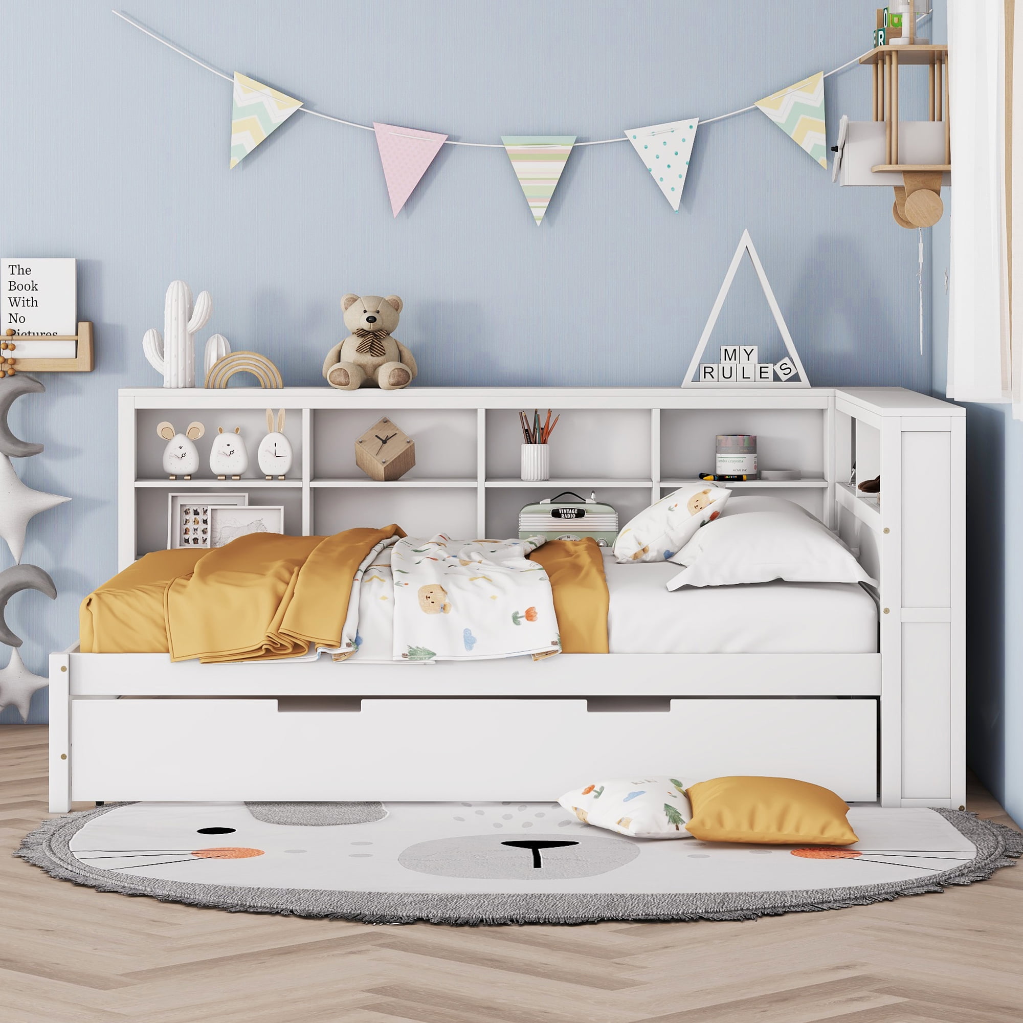 Mintazer Modern Full Daybed Frame with Twin Trundle, USB Charging Station, and Storage for Bedroom, White
