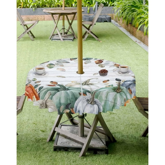 Fall Tablecloth with Umbrella Hole and Zipper Pumpkin Plant Round Outdoor Tablecloths 60 Inch Table Cloths Autumn Leaves Wood Grain Thanksgiving Patio Table Cloth Cover for Holiday Party Garden