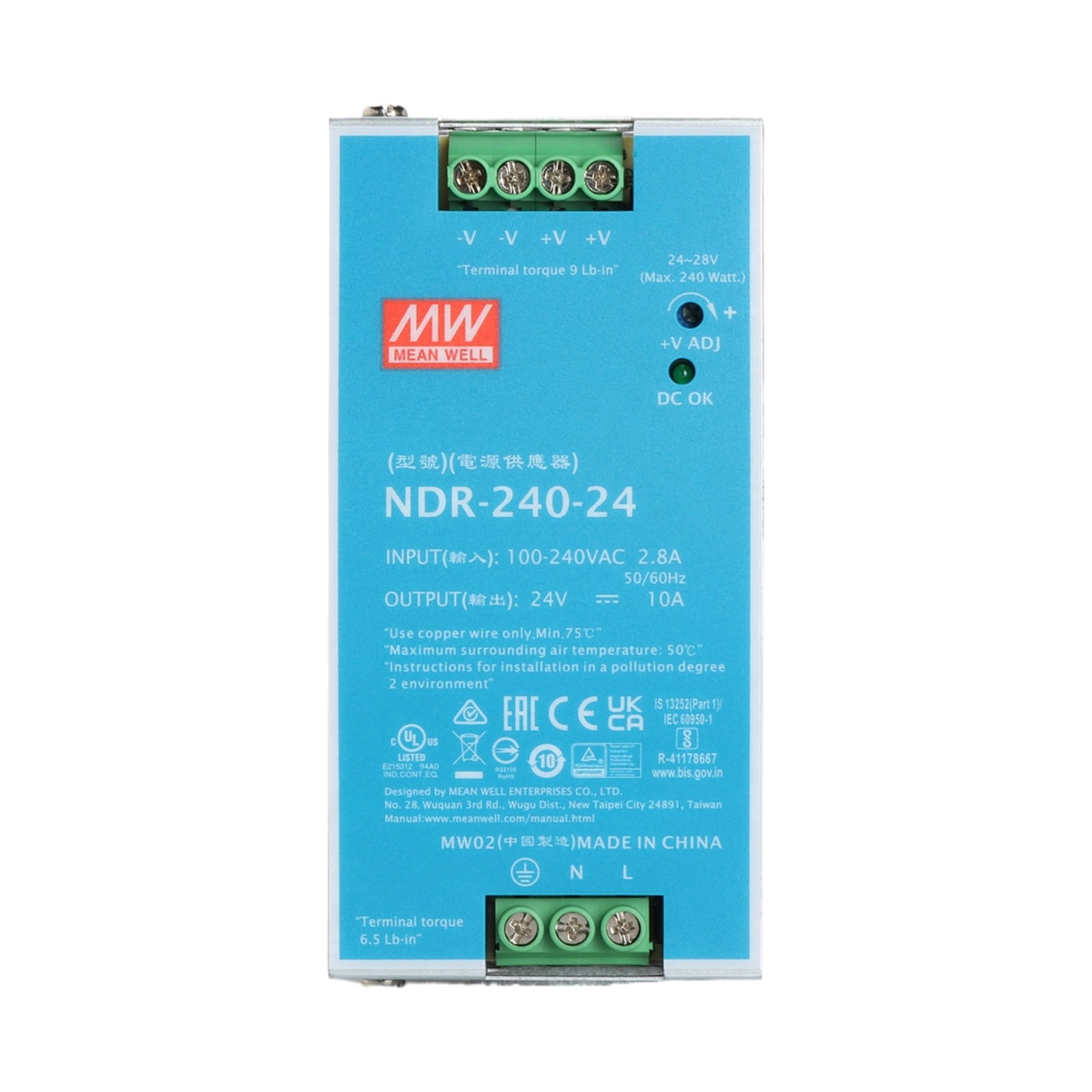 Feedannce 24V 10A 240W Switching Power Supply, Industrial, DIN Rail, MEAN WELL NDR-240-24