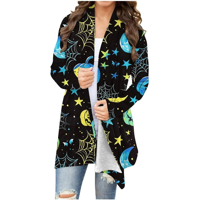 Enjoytime Womens Lightweight Cardigan Halloween Print Long Sleeve V-Neck Open Front Cardigans Fall Fashion Medium Length Coat