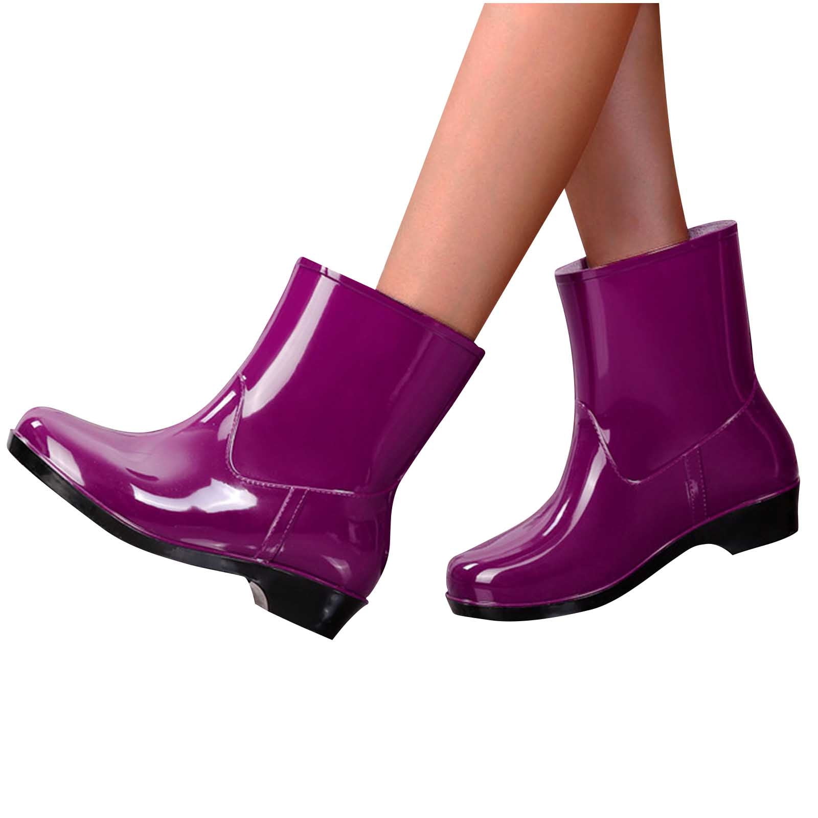 SuTry Women's Mid-Calf Waterproof Rain Boots Glossy PVC Wellies with Non-Slip Sole Low Heel Casual Water Shoes for Spring Summer Work Outdoor Use