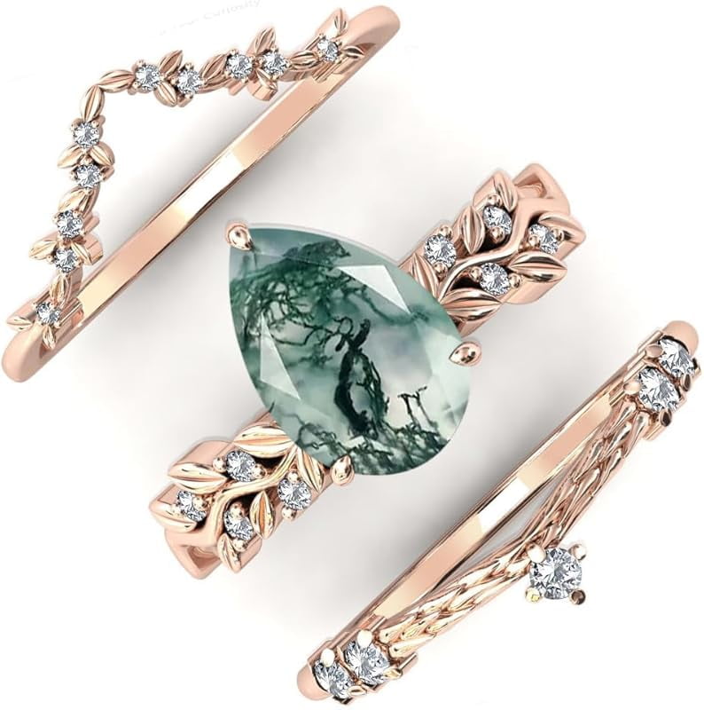 Natural Moss Agate Sterling Silver Rings Set - Leaf Art Deco Hexagon/Pear Moss Agate Engagement Wedding Promise Rings Set - Vintage Unique Bridal Ring Set for Women