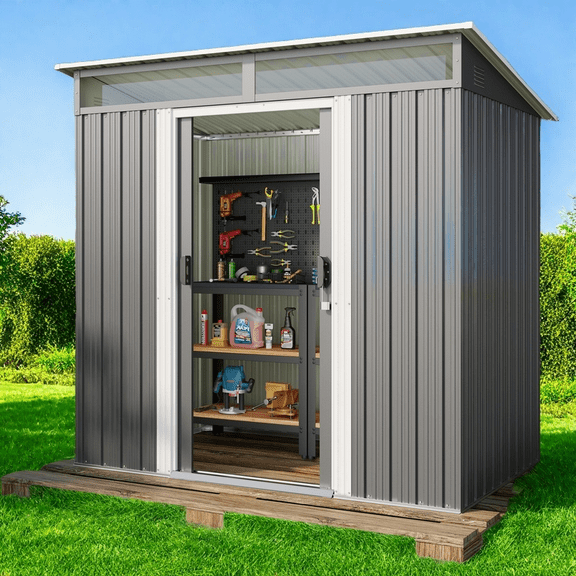 6x4 ft Outdoor Storage Shed with Double Lockable Doors - Weather-Resistant Garden Shed in Gray