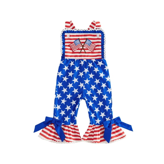 BemeyourBBs Toddler Baby Baby Girl 4th of July Outfit Patriot Independent Day Romper Overalls Summer Clothes Sleeveless Stars and Stripes Print Jumpsuit Bell Bottoms Baby Girl Fourth of July Outfit