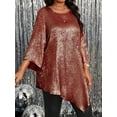 thumbnail image 2 of Women'S 2025 Plus Size Loose Round Neck Nine-Point Sleeve Irregular Hem Tops  Red XL, 2 of 6