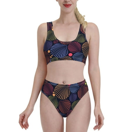 Bixox Colorful Shells Pattern Two-Piece Sports Bikini with U-Shaped Top and High-Waist Bottom - Women s Swimwear with Removable Bra Pads