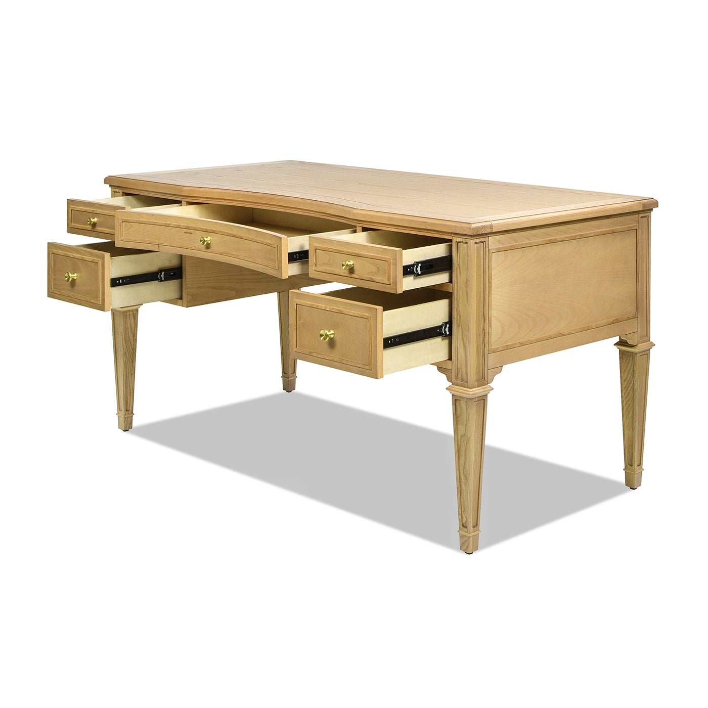 JTH LUXE Dauphin Gold Accent 5-Drawer Wood Executive Desk, Natural Brown Ash Wood & Veneer