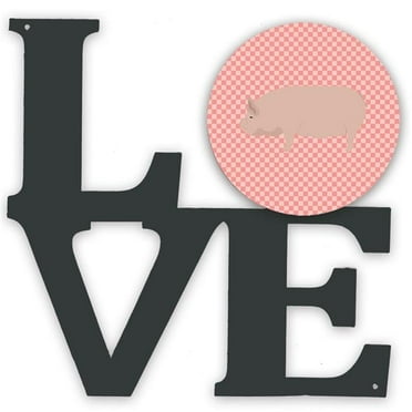 Welsh Pig Pink Check Metal Wall Artwork LOVE