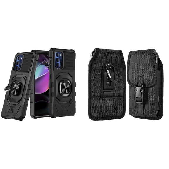 Case with Belt Holster Bundle for Moto G 5G 2022: Heavy Duty Shield Cover (Black) and Vertical Nylon Buckle Phone Pouch