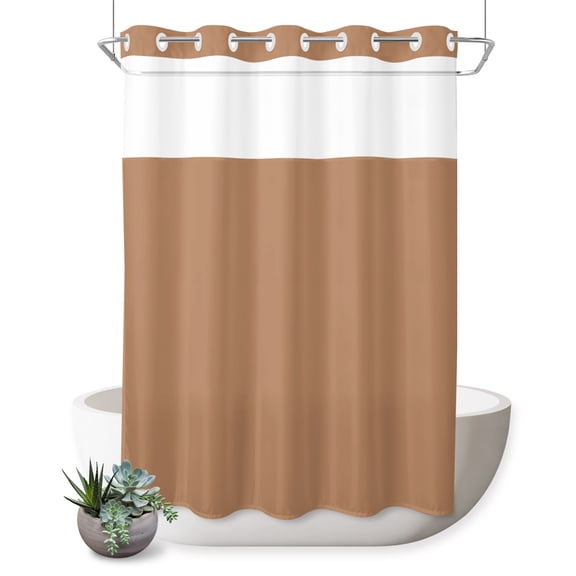 No Hook Shower Curtain, Pure Khaki Shower Curtains for Bathroom with See Through Top Window, Modern Solid Color Minimalist Art Waterproof & Washable Bath Curtain Extra Long 72"x96"