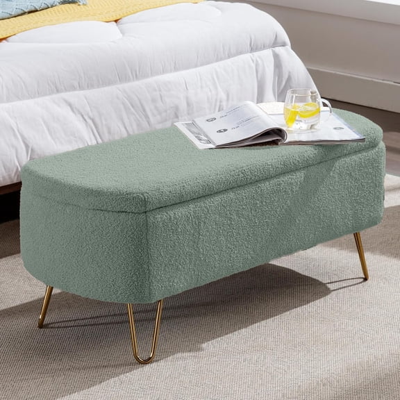 JessieMal Storage Ottoman Bench, Comfy Faux Fur Upholstered Entryway Bench with Metal Legs, Bedroom Bench with Flip Top, Footrest Shoe Bench for Living Room, Bedroom (Olive Green)