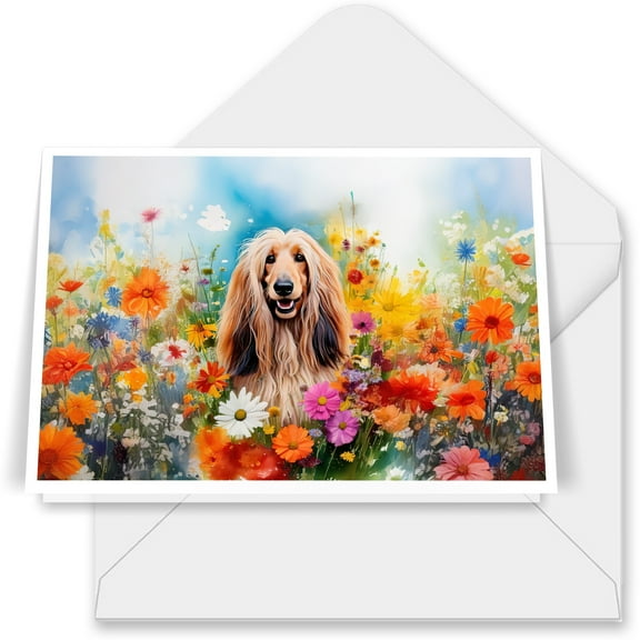 Welcome Spring Summer Afghan Hound Portrait Flower Blue Sky 7x5in Folded Greeting Card Dog Lover Single Note Card with Envelope - 12001