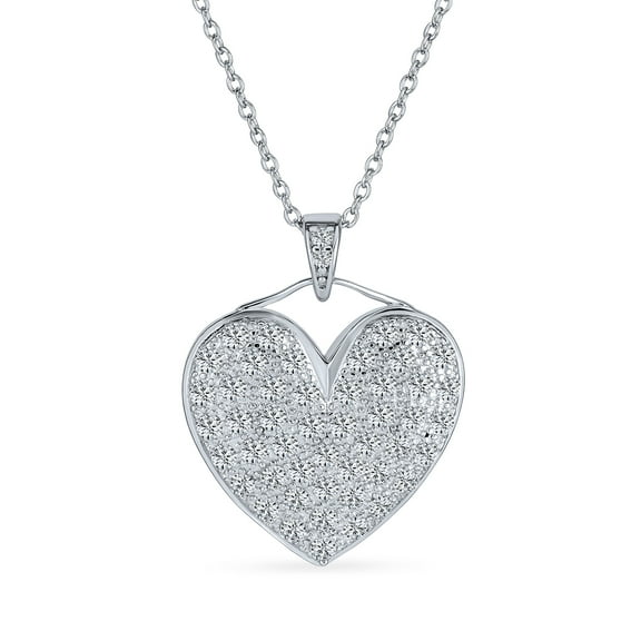 Bling Jewelry Womens Romantic Elegant Large Pave Cubic Zirconia CZ Puff Heart Shape Pendant Necklace Sterling Silver