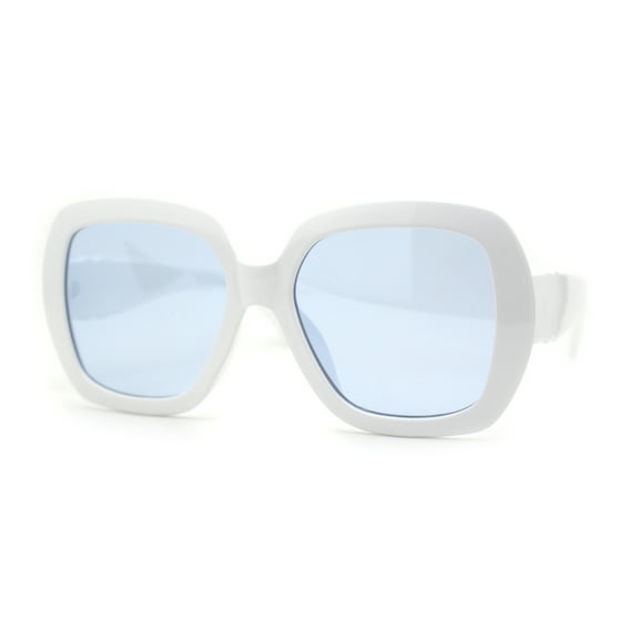 Minimalistic Thick Plastic Large Round Mod Sunglasses White Blue