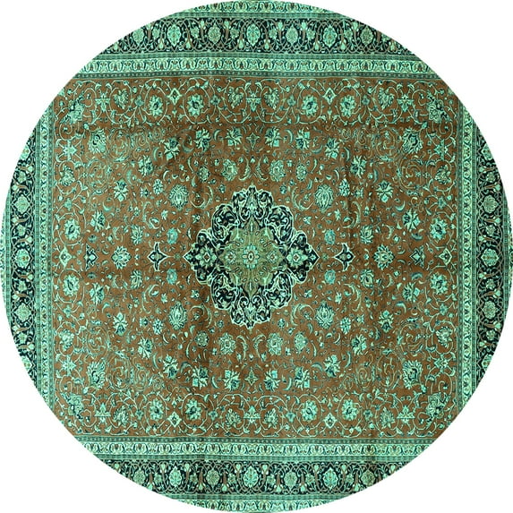 Ahgly Company Machine Washable Indoor Round Persian Turquoise Blue Traditional Area Rugs, 3' Round