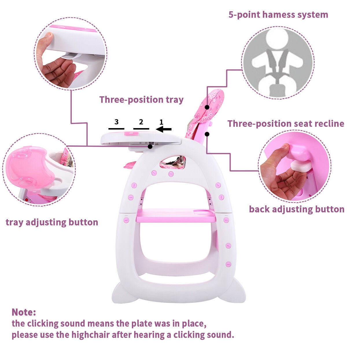 Kepooman 3 in 1 Baby High Chair, Adjustable Convertible Play Seat Booster Toddler with Feeding Tray - Pink