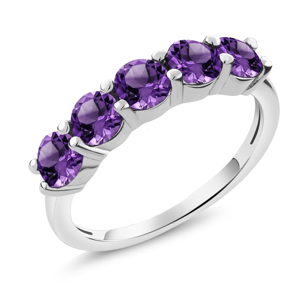 Gem Stone King Purple Amethyst 925 Sterling Silver Gemstone Birthstone Women's 5-Stone Ring (1.75 Ct Round Cut, Size 9)