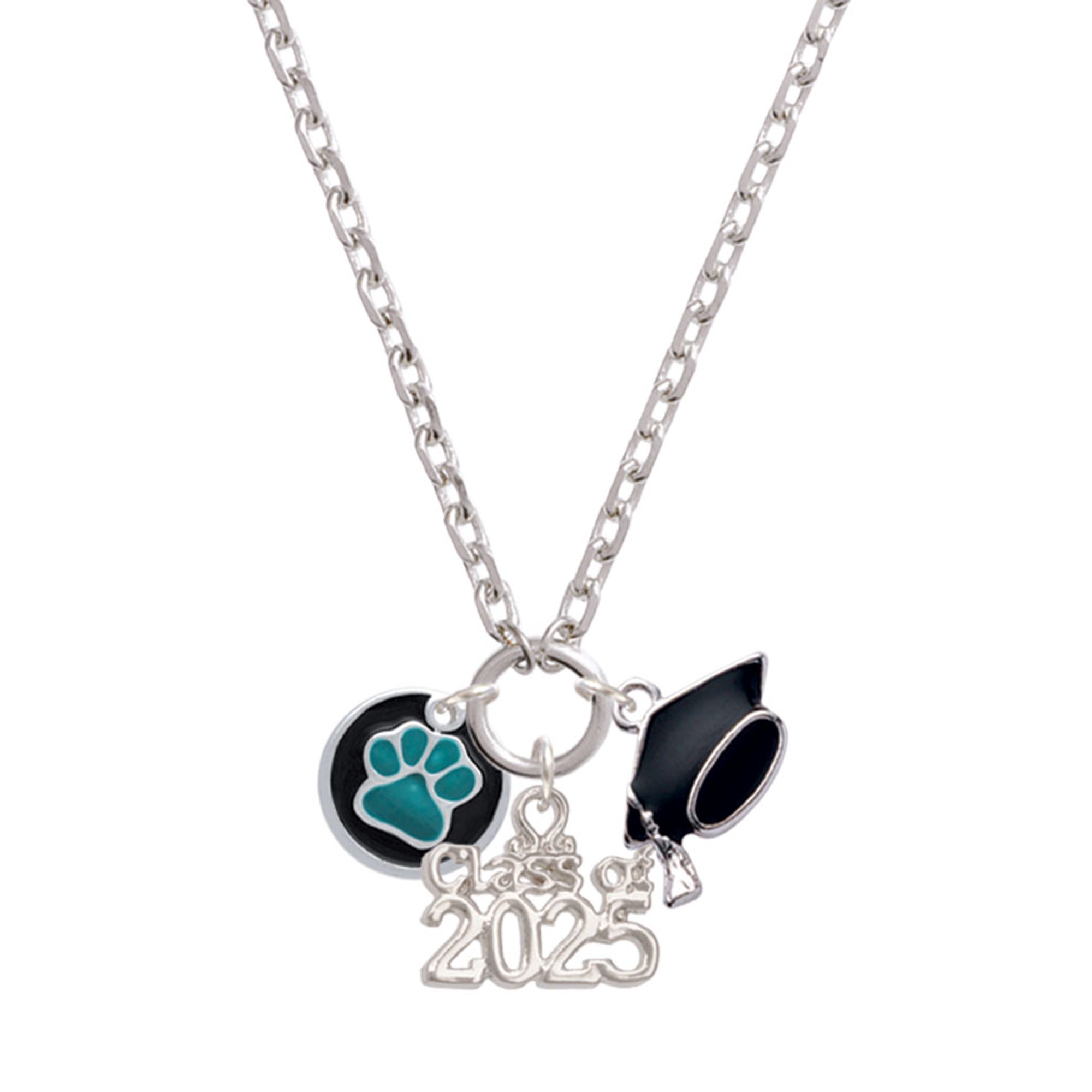 Delight Jewelry Silver-tone Teal Paw on Black Disc - Silver-tone Class of 2025 Graduation Zoey Necklace, 28"