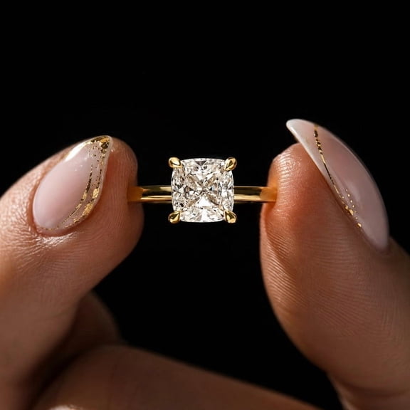 Diiro 1 Carat Cushion Cut Ring Moissanite Solitaire Engagement Ring for Women, 14K Vermeil Yellow Gold Promise Ring, Wedding Ring