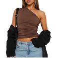 thumbnail image 2 of Blusa Asimétrica de Punto Fruncido con un Hombro Al Descubierto para Mujer, Estilo Y2K, Verano 2025 Marrón S, 2 of 10