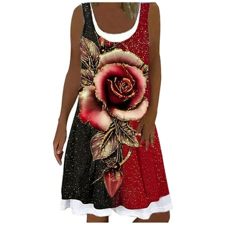 

Dresses for Women Wedding Dress Women s Summer Fashion Casual O Neck Print Sleeveless Splicing Dress Summer Savings Clearance 2022 Sundresses for Women Corset Dress Red XL