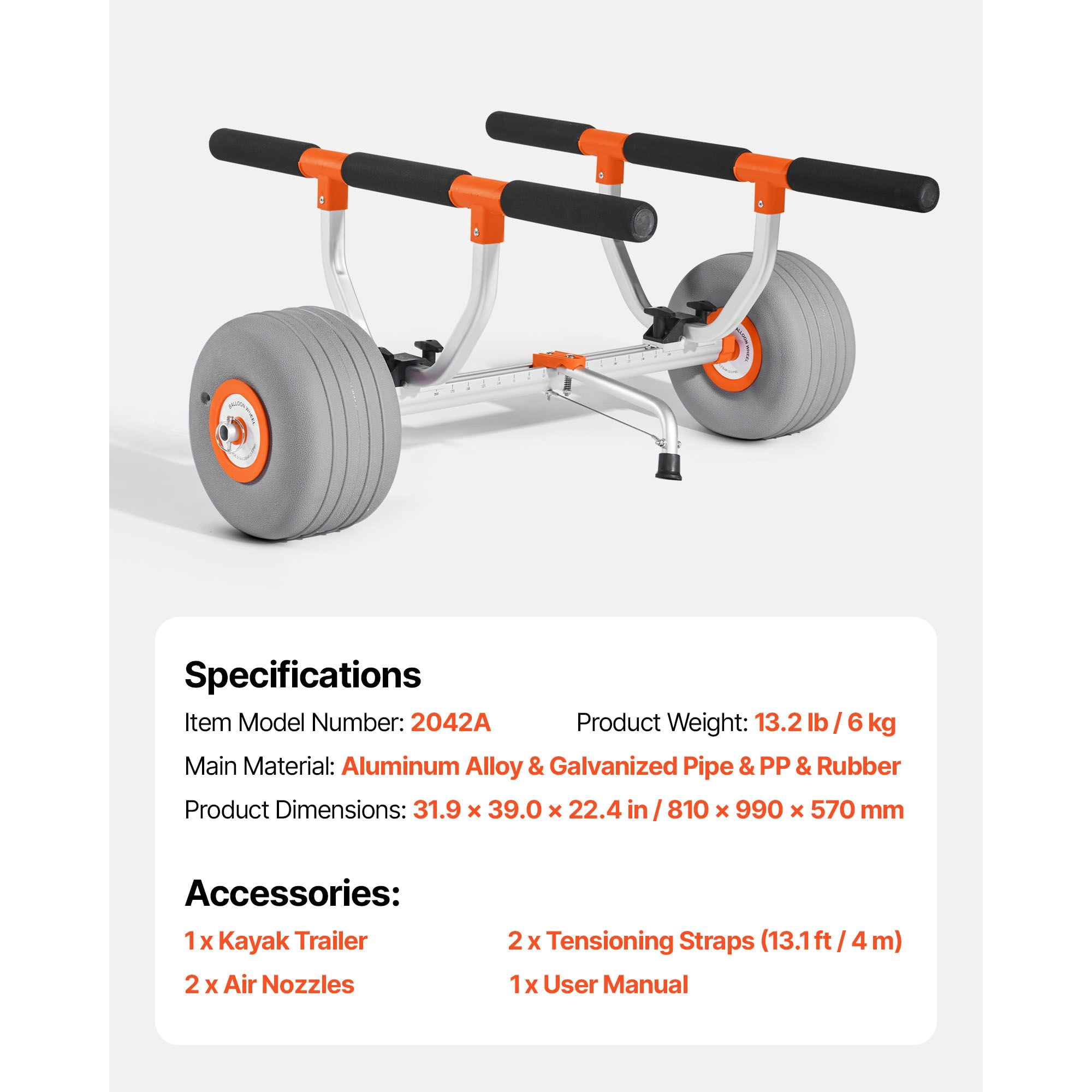 Dranite Kayak Cart 12" Inflatable 350lb - 2 Straps, Quick Fold