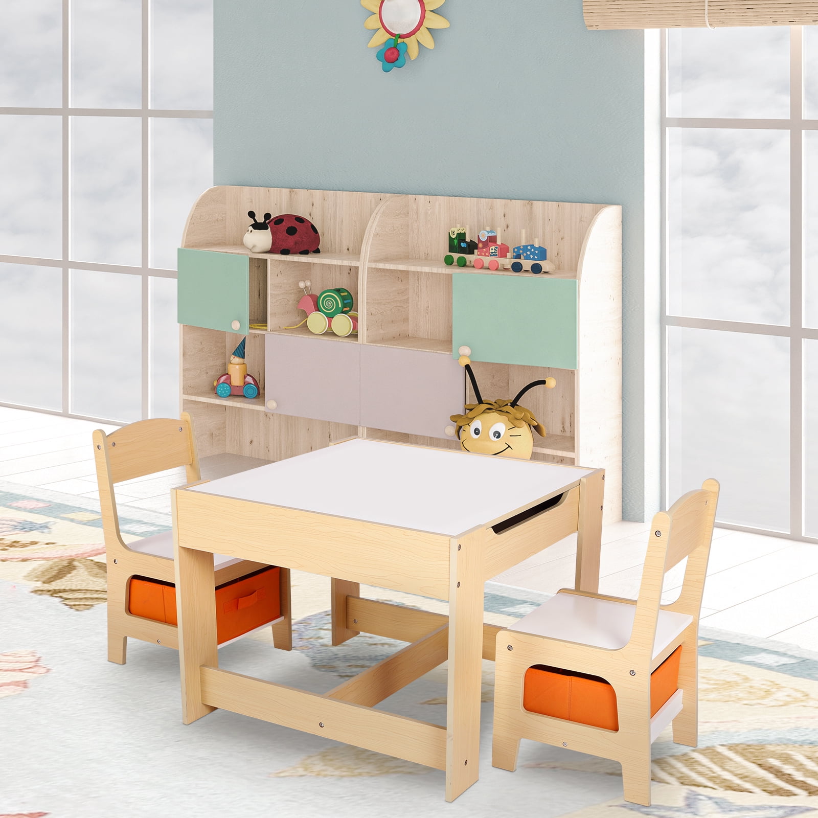 LAZY BUDDY 3-Piece Kids Table and Chairs Set, Wood Children Activity Desk Indoor Toddler Play Table and 2 Chairs Set with Storage