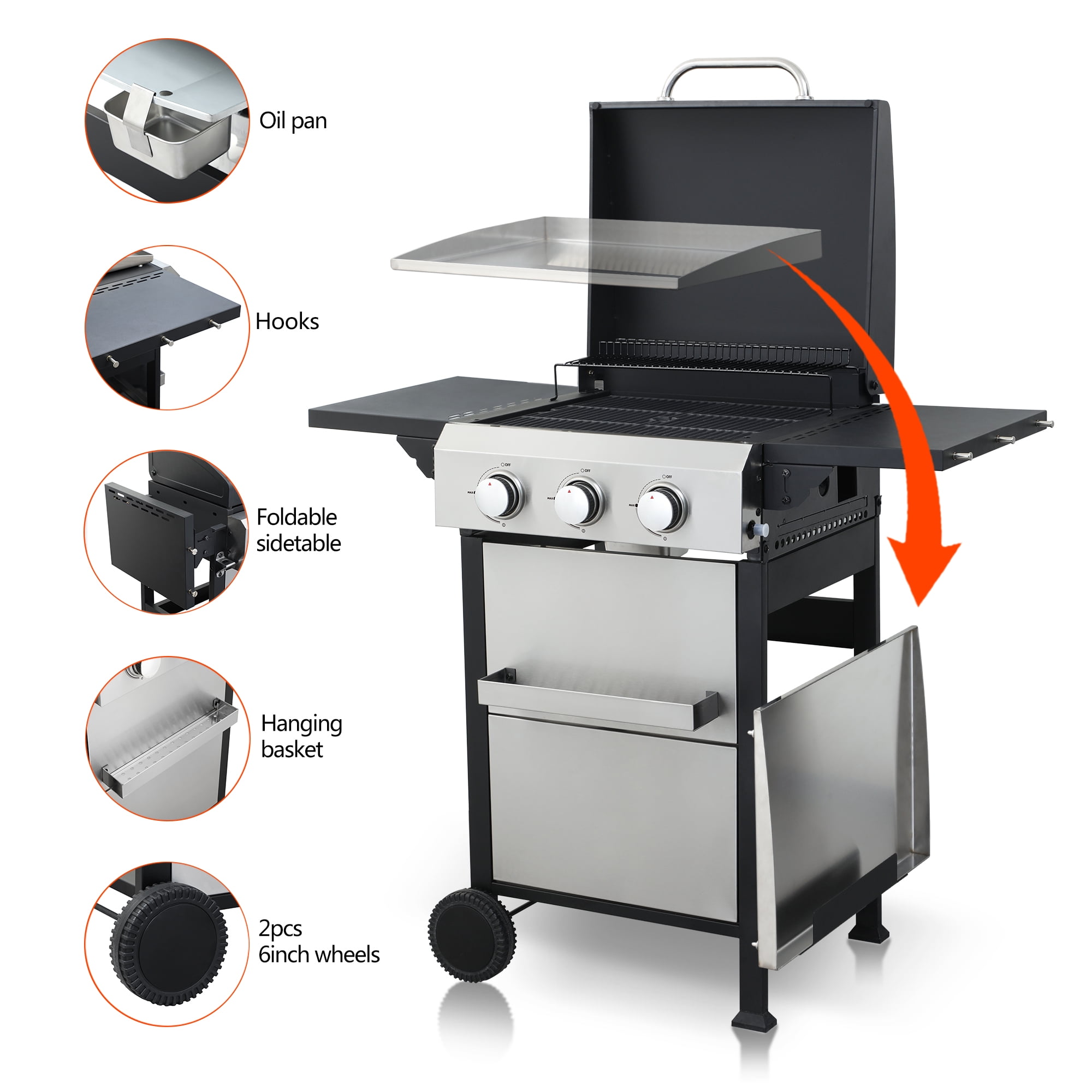 Mintazer 3-Burner Propane Gas Grill with Foldable Side Tables, Stainless Steel 36900BTU BBQ Grill with Iron Cooking Grids, Hooks & Hanging Basket for Outdoor Barbecue