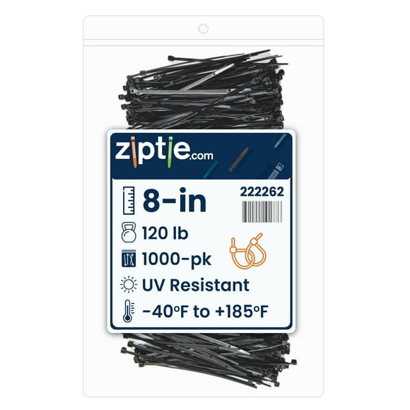 ZipTie.com Attache de Câble Multi-Usage Noir 8 Pouces, Résistance à la Traction 120 Lb, Certifié UL 21S, Lot de 1000