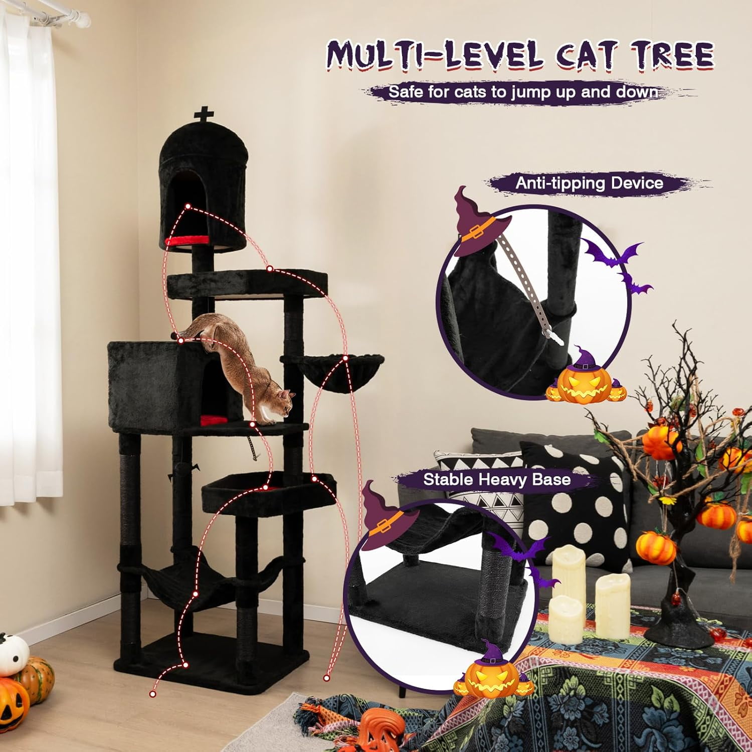 YounGG Gothic Cat Tree, 83 Inch Tall Cat Tower with Sisal Covered Scratching Posts, 2 Coffin Beds, 2 Cat Condos, Hammock, Basket Bed, Halloween Pet Furniture, Black Goth Cat Tree for Indoor Cats