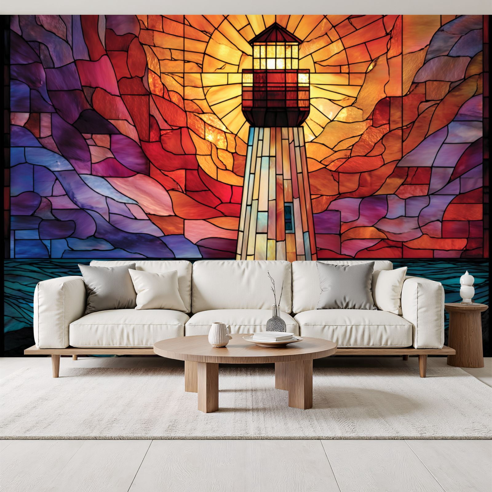 Wallpaper Lighthouse Themed Stained Glass Window Panel Peel and Stick Wall Murals 69"H x 96"W Removable PVC Wall Paper Self-Adhesive Wall Paintings Art Decor for Bedroom Living Room